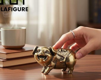 Vintage Brass Pig Figurine, Lucky Wealth Hog Miniature, Chinese Zodiac Gift, Antique Metal Animal Statue, Desk Decor, Tea Pet, Feng Shui Art