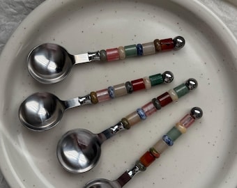 Conjunto de cuchara de piedra preciosa hecha a mano - Cuchara con cuentas personalizada - Set Cuillère Pierre Naturel - Set de regalo - Idée Cadeau - Cuillère Personnalisée