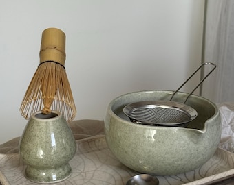 Kit MATCHY MATCHA / Set de matcha artesanal con cuchara de piedra semipreciosa / Juego de tazón y batidor de matcha / Regalo para el ritual del té japonés