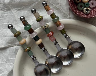 Set Handgefertigter Edelstein Löffel - Benutzerdefinierter Perlenlöffel - Set Cuillère Pierre Naturel - Geschenkset - Idée Cadeau - Cuillère Personnalisée
