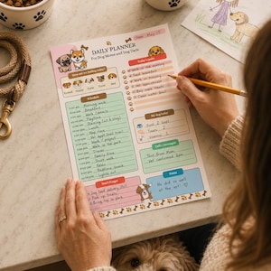 May include: A daily planner sheet for dog moms and dog dads with sections for tasks, schedules, and notes. The paper features colorful illustrations of dogs, paw print borders, and handwritten entries in pencil, including a section for food and treats.