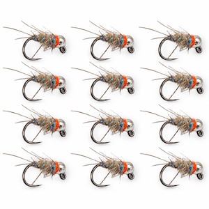 May include: A set of twelve identical fishing flies arranged in a grid. Each fly features a silver metal bead head, a body constructed from textured tan and blue fibres, and a bright orange collar, all attached to a curved dark metal hook.