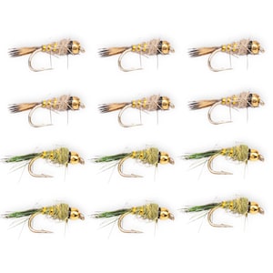 Può includere: Una collezione di dodici mosche da pesca. Le mosche hanno ami, corpi e dettagli color oro. Alcune mosche hanno corpi color beige e piume della coda marroni, mentre altre hanno corpi verdi e piume della coda verdi.