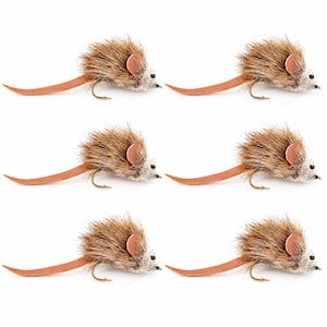 May include: A set of six mouse-shaped fishing flies featuring brown fur bodies, light brown ears, long flat tan tails, and small black eyes. Each fly is constructed with a metal hook attached to the underside, designed for fly fishing applications.