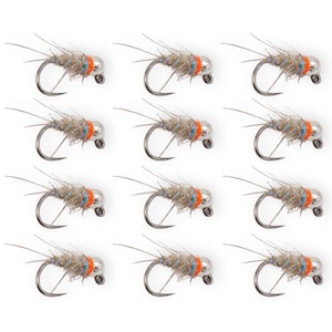 May include: A set of twelve fishing flies arranged in a grid. Each fly features a silver metal bead head, a tan and grey textured body with fine fibers, a bright orange collar, and a curved metal hook with a sharp point and eyelet.