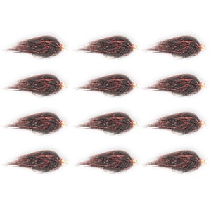 May include: A collection of twelve fishing flies. Each fly features a dark brown body with red accents and a gold-colored hook. The flies are arranged in a grid pattern against a white background.