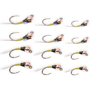 May include: A collection of nine fishing flies. Each fly features a copper-colored bead head, black and yellow body, and a curved hook. The flies are arranged in three rows of three against a white background.