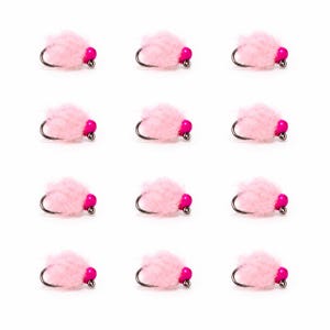 May include: A set of twelve fishing flies arranged in a grid, each featuring a curved metal hook, a bright pink spherical bead head, and a fluffy light pink synthetic fiber body designed for fly fishing applications in various waters.