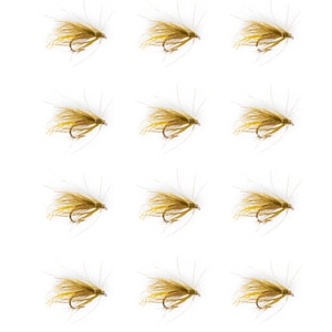 May include: A dozen fishing flies with a hook and a body of brown and yellow feathers. The flies are arranged in a grid pattern against a white background. These flies are designed for fly fishing.
