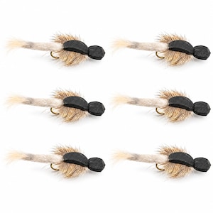 May include: A set of six fishing flies, each featuring a black foam body, tan and grey fur hackle, and a gold-colored metal hook. The flies are arranged in two columns of three, showcasing the consistent design of the artificial bait lures.
