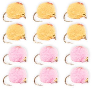 May include: Nine fishing flies. Six are yellow with a red accent, and three are pink. Each fly has a curved silver hook.