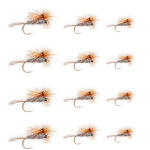 May include: A collection of twelve artificial fishing flies. Each fly features a gray body, a golden hook, and a fluffy, orange-brown wing. The flies are arranged in a grid pattern against a white background.