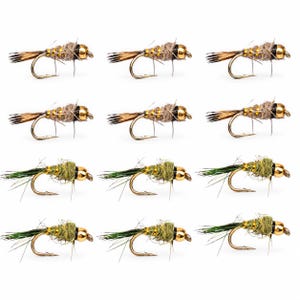 May include: A collection of twelve fishing flies arranged in four rows of three. The top two rows feature brown and tan flies with gold beads, while the bottom two rows feature green and tan flies with gold beads, all attached to metal hooks.
