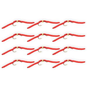 May include: Twelve red fishing flies, each with a curved gold hook and a small gold bead, are arranged in three rows of four. The artificial lures are designed to mimic worms, set against a white background. Ideal for angling.