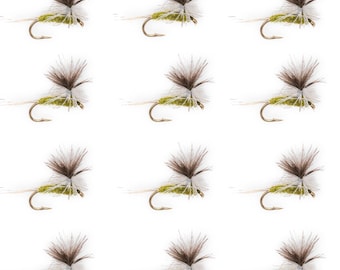 Paquete de 12 moscas secas BWO Parachute Fly: Blue Winged Olive, tamaños 16 y 18.
