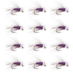 Purple Duracell Euro Nymph Fly 12 Pack, Size 14 Trout Attractor Pattern