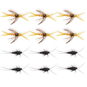 Può includere: Una collezione di mosche da pesca, disposte su tre file su sfondo bianco. Le due file superiori presentano mosche con elementi dorati, marroni e neri. La fila inferiore mostra mosche nere con lunghe e sottili antenne, per la pesca a mosca.