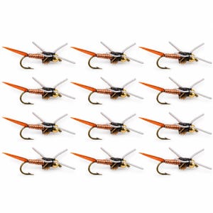 May include: A set of twelve artificial fishing flies arranged in four rows of three. Each fly features a copper-coloured wire-wrapped body, a gold bead head, dark brown hackle fibres, a long orange tail, and white rubber legs on a hook.