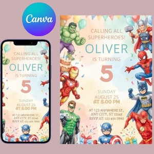 Puede incluir: Invitación de cumpleaños con temática de superhéroes, con ilustraciones de varios superhéroes. La invitación incluye el texto "¡Llamando a todos los superhéroes!" y detalles para una fiesta de quinto cumpleaños, incluyendo fecha, hora y lugar.