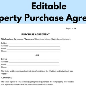 Pode incluir: Um modelo de contrato de compra de imóvel editável em um fundo azul claro. O texto inclui 'Editable Property Purchase Agreement', 'Professional PDF Form', 'Ready to Use', 'just print it', 'Edit Font', 'Edit Colors', 'Unlimited Changes' e 'DOWNLOAD NOW'.