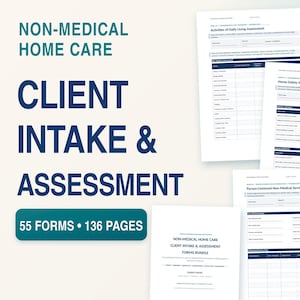May include: A non-medical home care client intake and assessment forms bundle containing 55 forms and 136 pages. The document set includes an activities of daily living assessment, a home-safety walkthrough checklist, and a person-centered service plan.