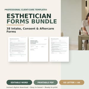 Puede incluir: Un paquete digital de 38 formularios profesionales de admisión, consentimiento y cuidados posteriores para esteticistas. El conjunto incluye documentos de Word editables y archivos PDF imprimibles en tamaños A4 y US Letter con diseños limpios.