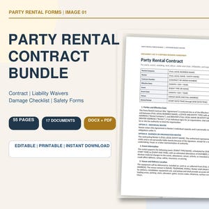 May include: A digital party rental contract bundle featuring 55 pages and 17 documents including liability waivers, damage checklists, and safety forms. The document displays a party rental contract template with fields for rental company and renter details.