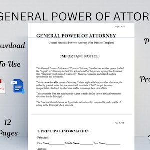 May include: A General Power of Attorney document, instantly downloadable and ready to use. The document is professionally drafted, editable, and printable, with 12 pages. It includes a POA form in PDF format. The title is at the top of the document.