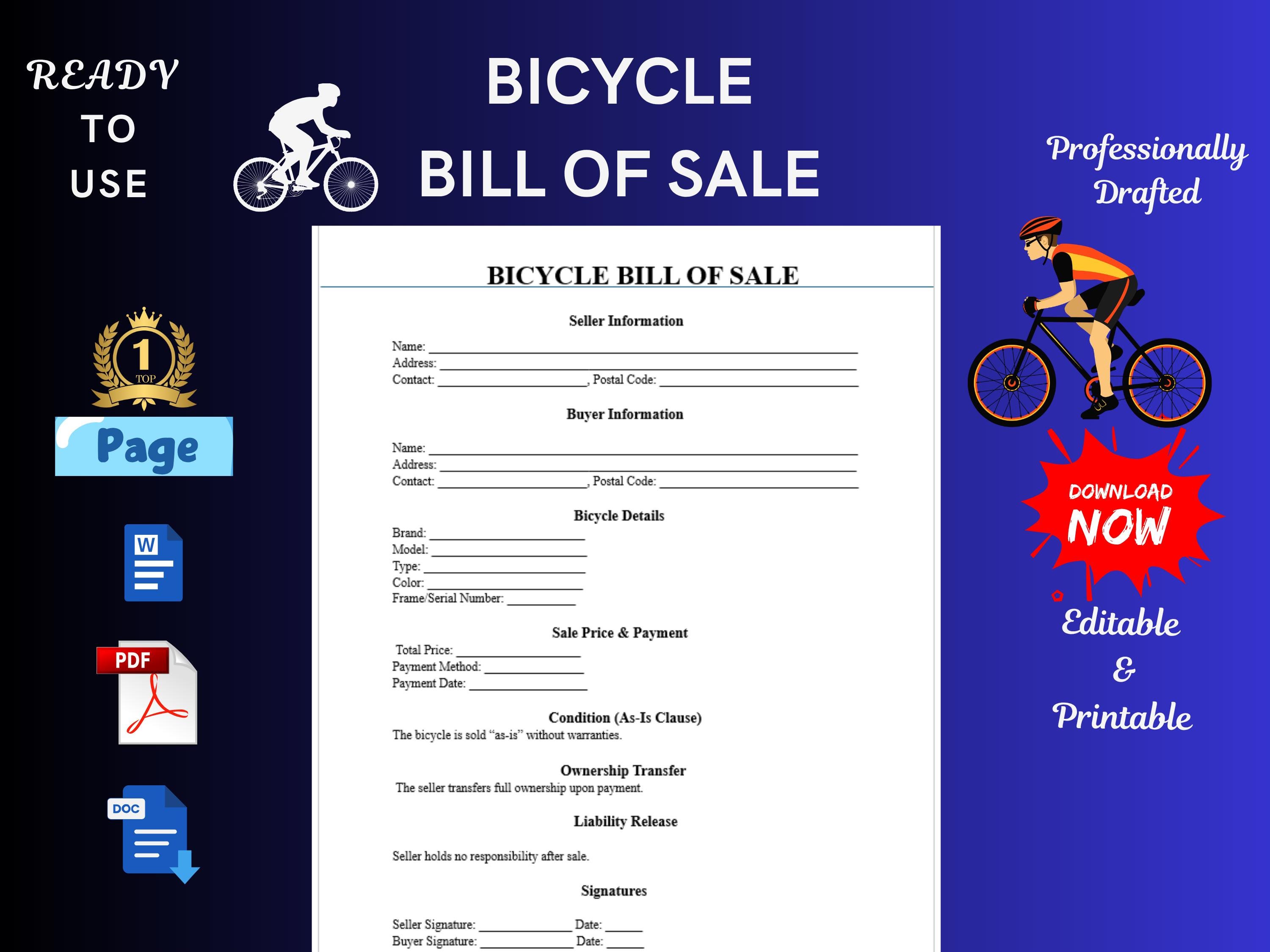 Simple Bicycle Bill of Sale Template, Printable Bike Bill of Sale Form ...