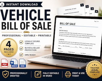 Vehicle Bill of Sale Printable, Car Sale Receipt Template, Private Car Sale Form, Editable Auto Bill of Sale PDF Instant Download Motorcycle