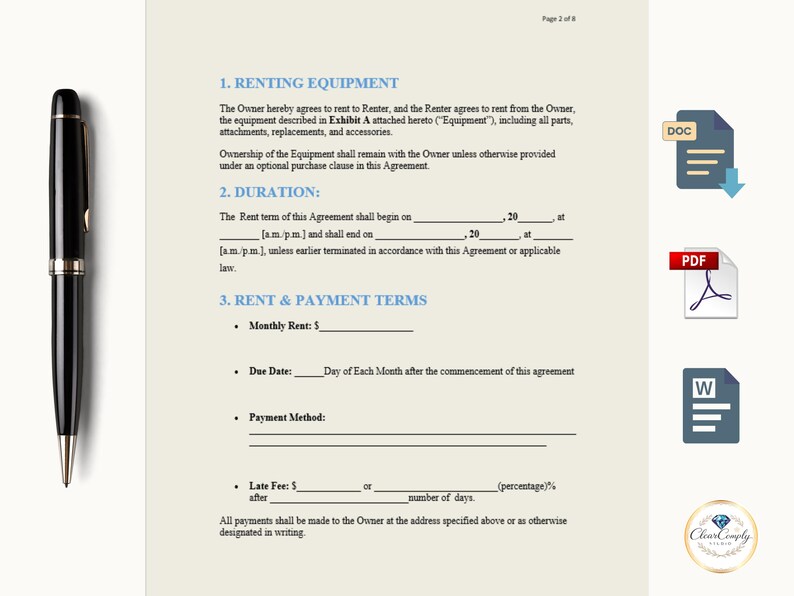 Equipment Rental Form Editable, Tool Rental Agreement PDF ,rent to Own ...