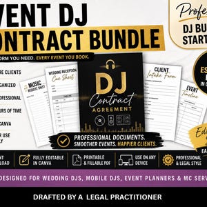 Può includere: Un pacchetto di moduli aziendali per DJ, tra cui un contratto, un modulo di ammissione e una sequenza temporale degli eventi. Il design presenta testo dorato e nero con le parole "Event DJ Contract Bundle" e "Professional DJ Business Starter Kit!" per DJ di matrimoni.