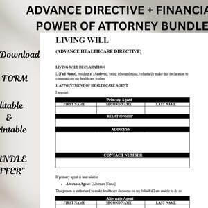 May include: A printable bundle of legal documents, including an Advance Directive and Financial Power of Attorney. The documents are labeled "Living Will" and "POA Form". The image includes the text "Instant Download", "Editable & Printable", and "Bundle Offer".