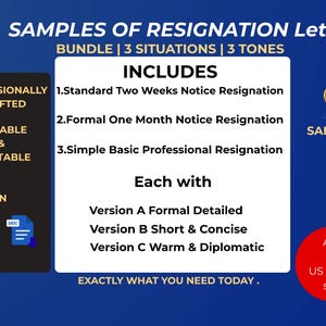 Puede incluir: Gráfico azul con el texto "SAMPLES OF RESIGNATION LETTER" y "BUNDLE | 3 SITUATIONS | 3 TONES". La imagen incluye una lista de tipos de cartas de renuncia y el texto "PROFESIONALMENTE REDACTADO, EDITABLE Y IMPRIMIBLE".