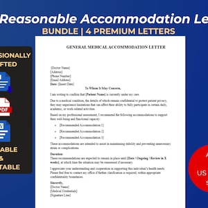 Puede incluir: Un paquete de documentos digitales titulado "Carta de Acomodación Razonable" con cuatro cartas premium. La imagen presenta un documento blanco con texto, un círculo rojo con "A4 & US Letter size" e iconos para formatos DOC, PDF y Word.