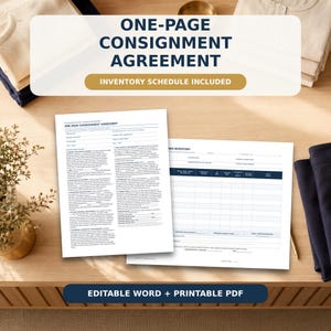 May include: A one-page consignment agreement document with an inventory schedule, featuring printed text and blank fields for completion. The document is available as an editable Word file and a printable PDF for professional business use.