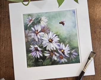Daisy and Bee Matted Print, 8” X 8” Matted Print, Square Art Print, Daisy Print, Original Art Print, Bee Lover Print, Fine Art Print