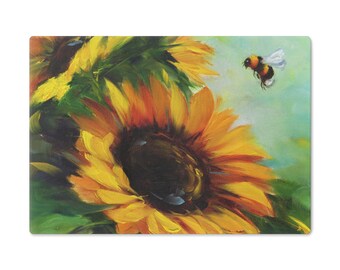 Zonnebloem en bijen snijplank, keuken snijplank, snijplank, glazen snijplank, zonnebloem snijplank, bijen snijplank