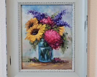 Origineel zonnebloemboeket olieverfschilderij, ingelijst schilderij, zonnebloem schilderij, origineel olieverfschilderij, bloemenboeket, decor moderne boerderij