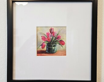 Origineel olieverfschilderij, ingelijste print, gematteerde print, tulpenprint, tulpenboeket, kunst aan de muur, vierkante print, vierkante kunst, ingelijste kunst
