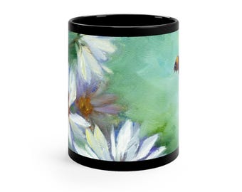 Daisy koffiemok Bijenkoffiemok, koffiekop, madeliefje koffiekop, bijenkoffiekop, keukendecor, keukenaccessoire, zwarte koffiemok, 11oz