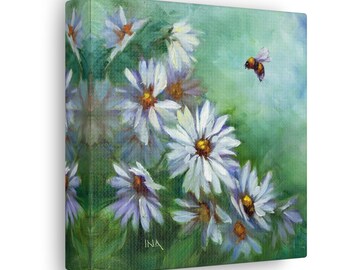 Daisy canvasafdruk, canvas gallery wraps, bijenliefhebber, kunst aan de muur, interieurdecoratie, kleurrijke muurkunst, moderne boerderijdecor, tuinmankunst, tuinen