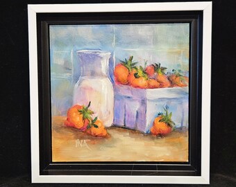 Strawberries  and Cream, Original OIl Painting, Strawberry lover, Oil Painting, Framed Painting, Square Painting, Colorful Art