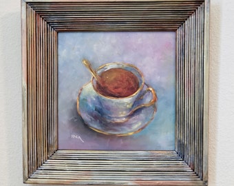 Tea Cup Framed Painting, Original Oil Paintings, Pastry Art, Original Painting, Cute Art, Fun Art, Tea Lover, Coffee Lover, Framed Art