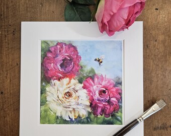 Peony Print, Peony Matted Print, Pink Peonies, Square print, 8" X 8" print, Peony Love, Bee Love, Gardener Gift
