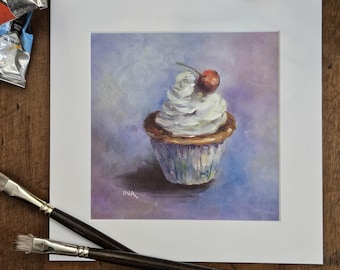 Cupcake Matted Print, 8” X 8” Matted Print, Square Art Print, Cupcake Lover, Original Art Print, Pastry Art,  Fine Art Print, Cupcake Print