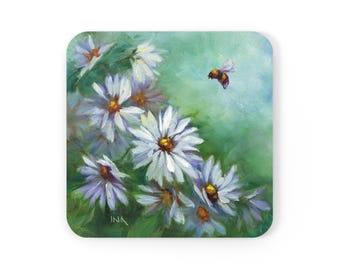 Daisy Coaster, bijenonderzetter, heldere onderzetter, kleurrijke onderzetter, kurk achteronderzetter, modern boerderijdecor, kantooraccessoire, bureauonderzetter