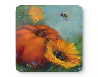 Pompoenonderzetter, zonnebloemonderzetters, kurkhouten onderzetter, herfstonderzetters, herfstdecor, kantooraccessoire, gastvrouw cadeau, slaapzaaldecor