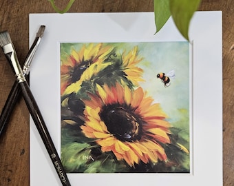 Sunflower and Bee Matted Print, 8” X 8” Matted Print, Square Art Print, Sunflower Love, Original Art Print, Bee Love, Fine Art Print