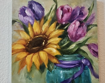 Original Sunflower and Tulip Painting, Square Painting, Original Oil Paintings, Home Decor, Garden Art, Modern Farmhouse Decor